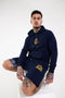 A man wore Navy denim shorts