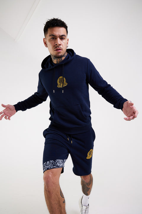 Front view of Men's Navy denim shorts