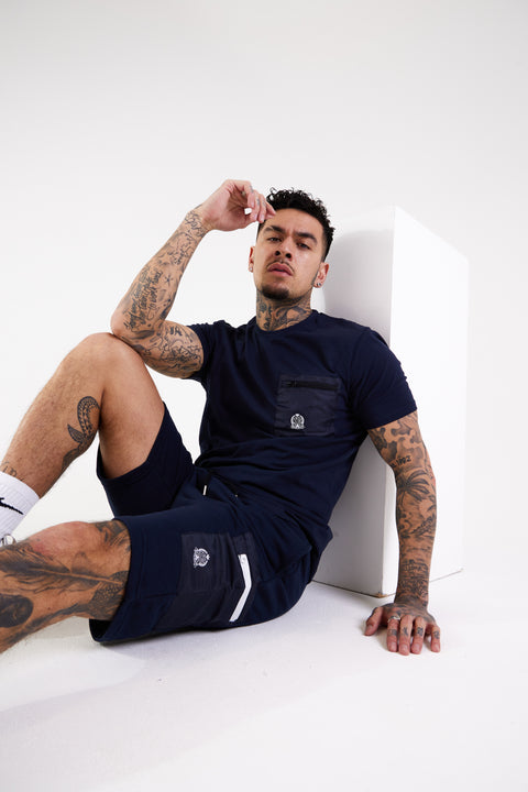 White Zip Pocket Shorts - Navy - Serious Royalty