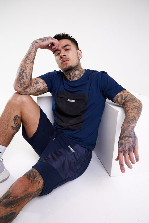 Utility Combat T-Shirt Large Zip Cargo Chest Pocket - Navy - Serious Royalty
